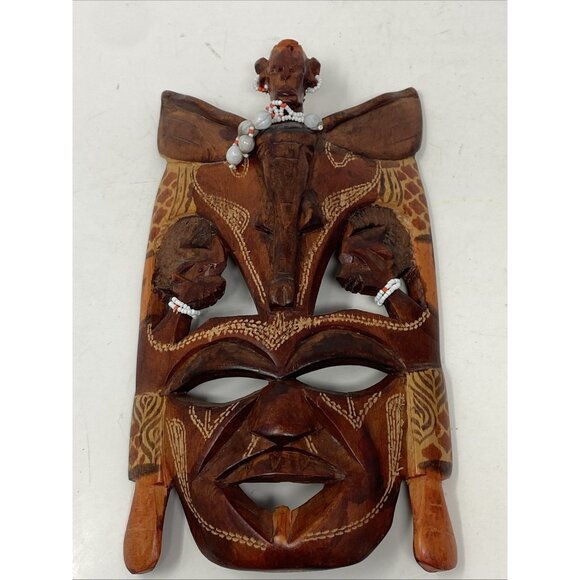 Vintage African Art Maasai Hand Carved Wood Mask Kenya 2 Faces & Elephant Beads - Picture 1 of 10